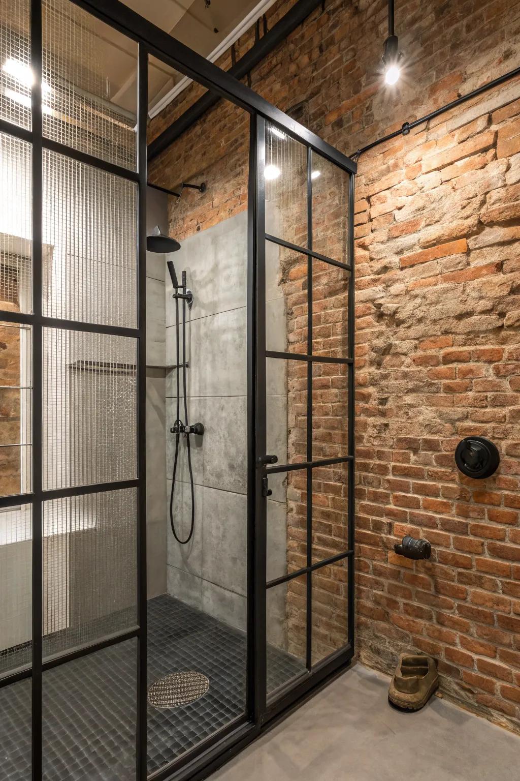 Industrial elements create a striking and stylish shower space.