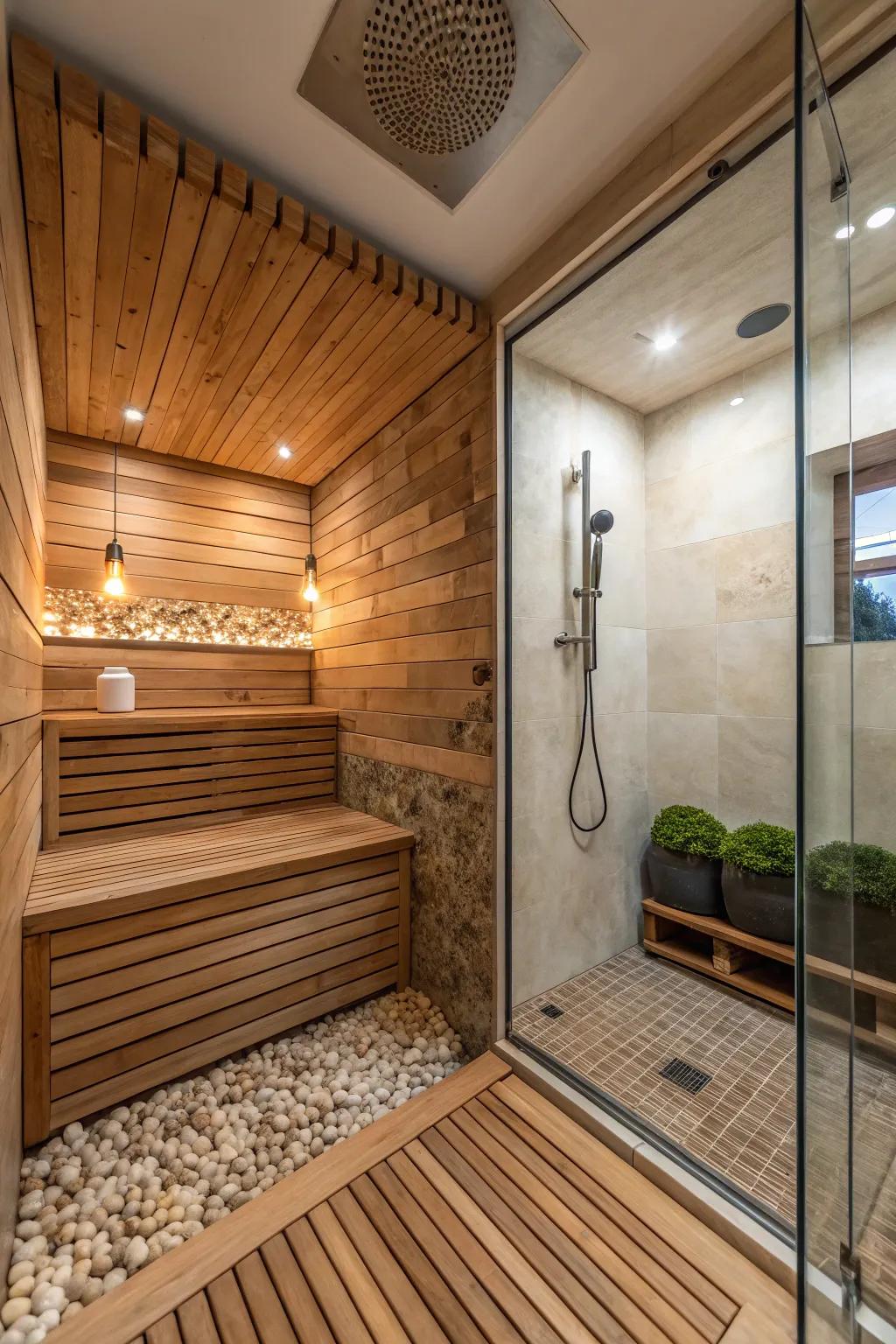 Bring warmth into your shower with timber or timber-style materials.