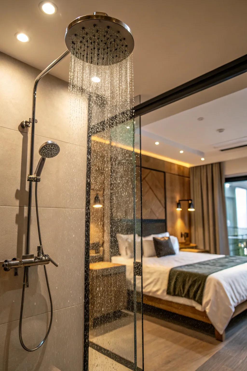 Modern fixtures enhance the luxury of a bedroom shower.