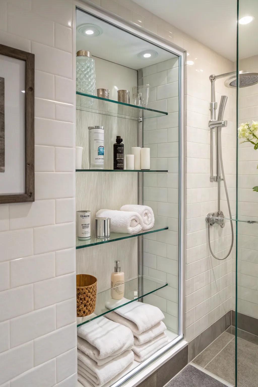 Shower recess fitted with extra racking for storage