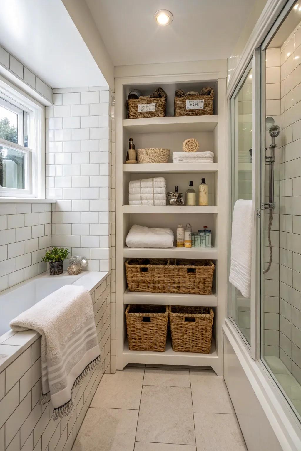 A shower space equipped with innovative storage solutions for a clean and organized look.