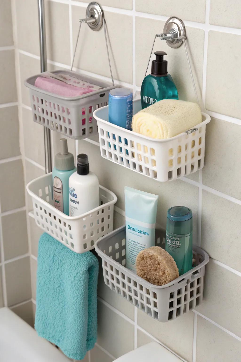 Suction cup baskets offer adaptable storage without needing permanent installation.