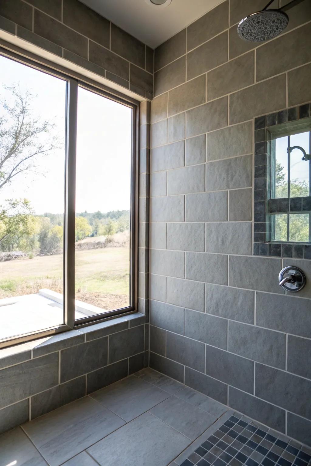 Daylight amplifying grey tiles within a shower space.