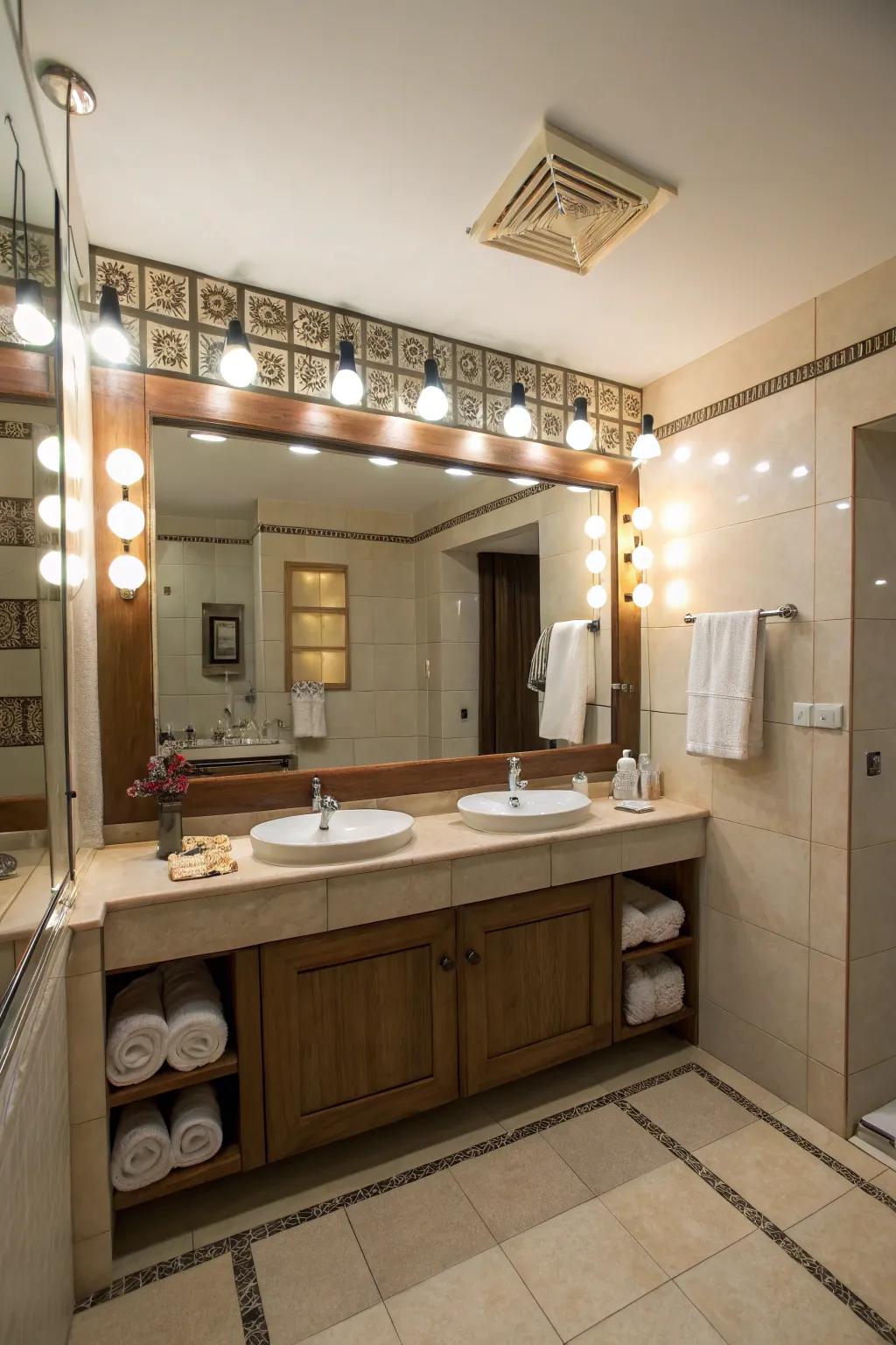 A well-lit bathroom highlighting adaptable lighting choices.