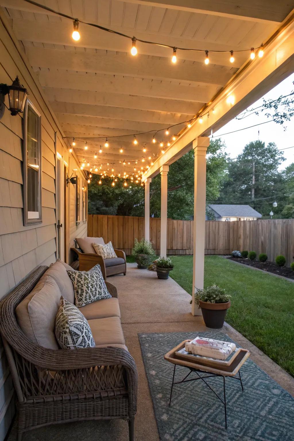 Twinkling string lights spread a warm glow across the side porch.