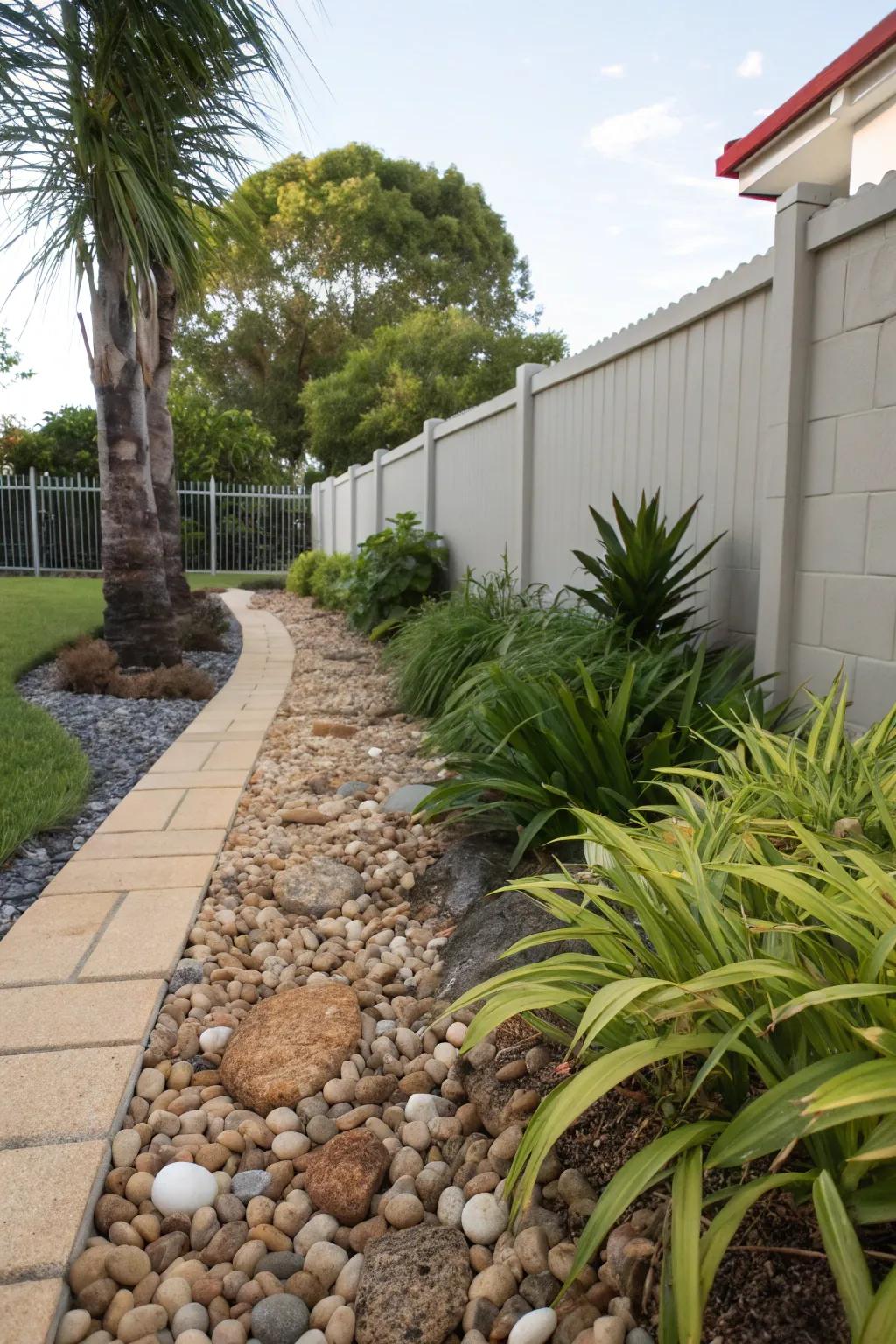 Pebbles offer a sleek and organized alternative to grass within your side yard.