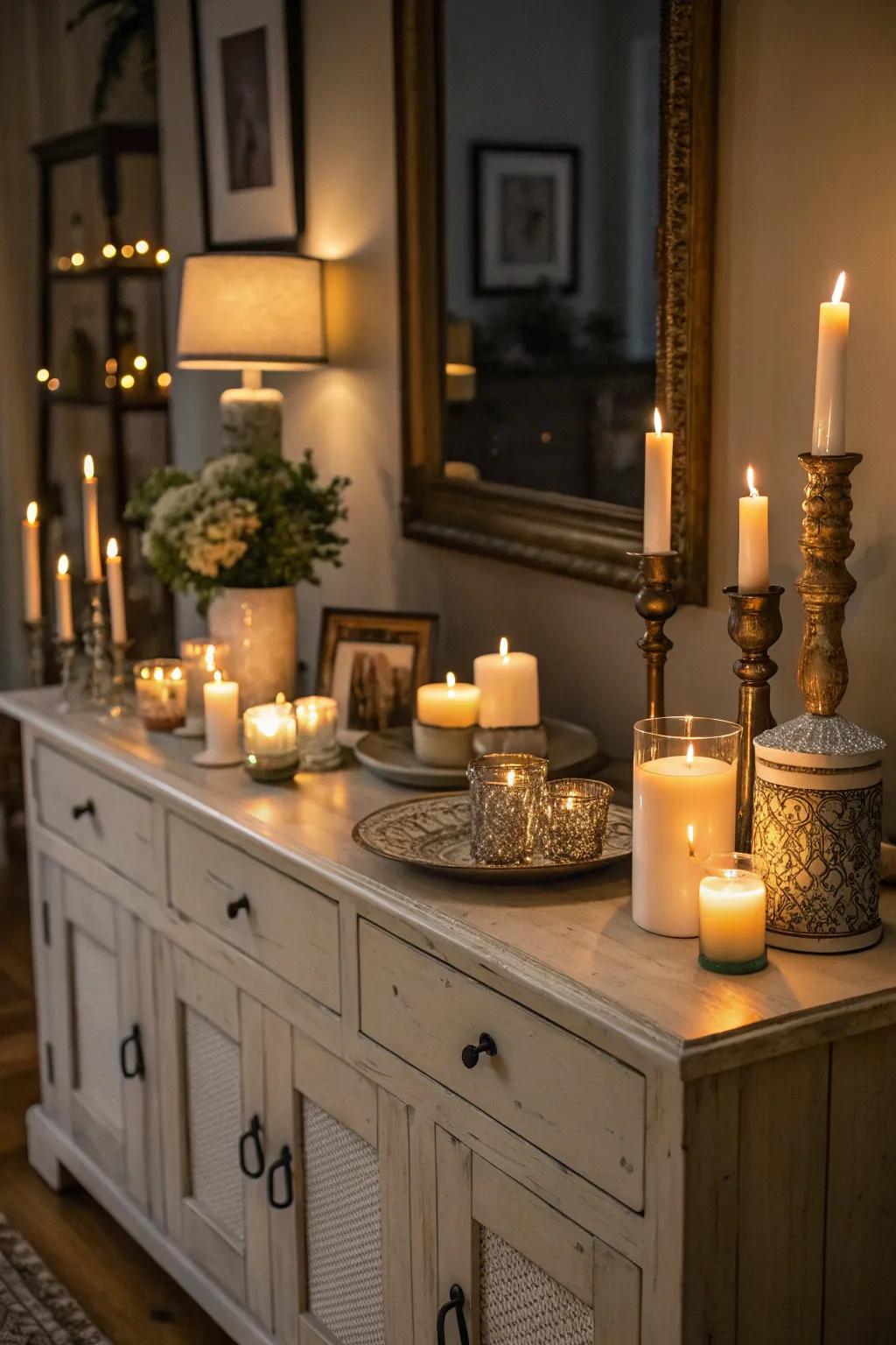 Wax lights of different heights create a warm and welcoming glow on this credenza.