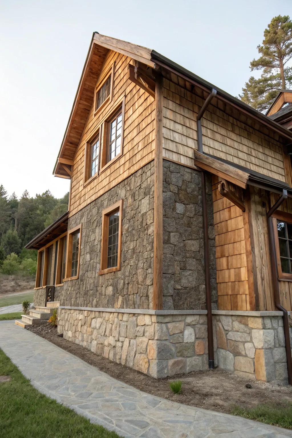 Mixing timber and stone siding for an intriguing facade.