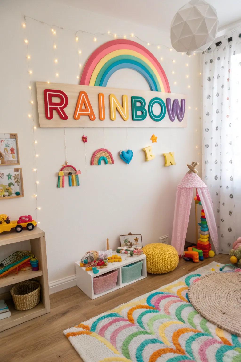 A child's playroom showcases a delightful rainbow display hanging on the wall.