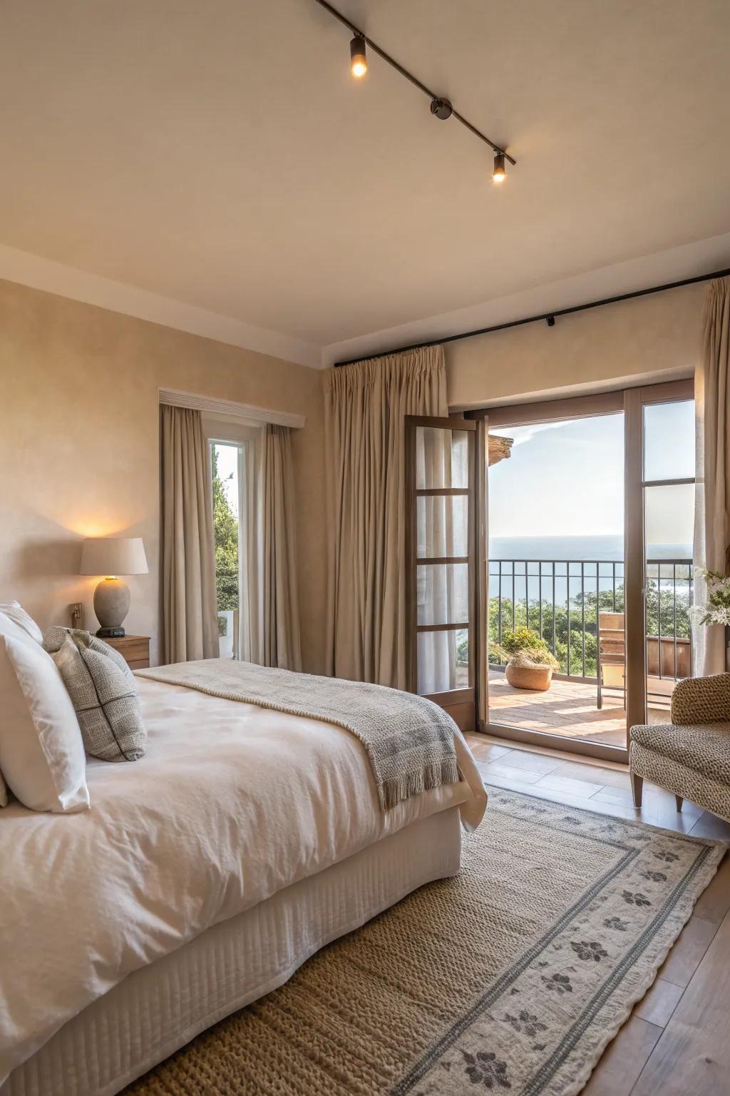 Peaceful bedroom featuring a soft color scheme that stretches out to the balcony.