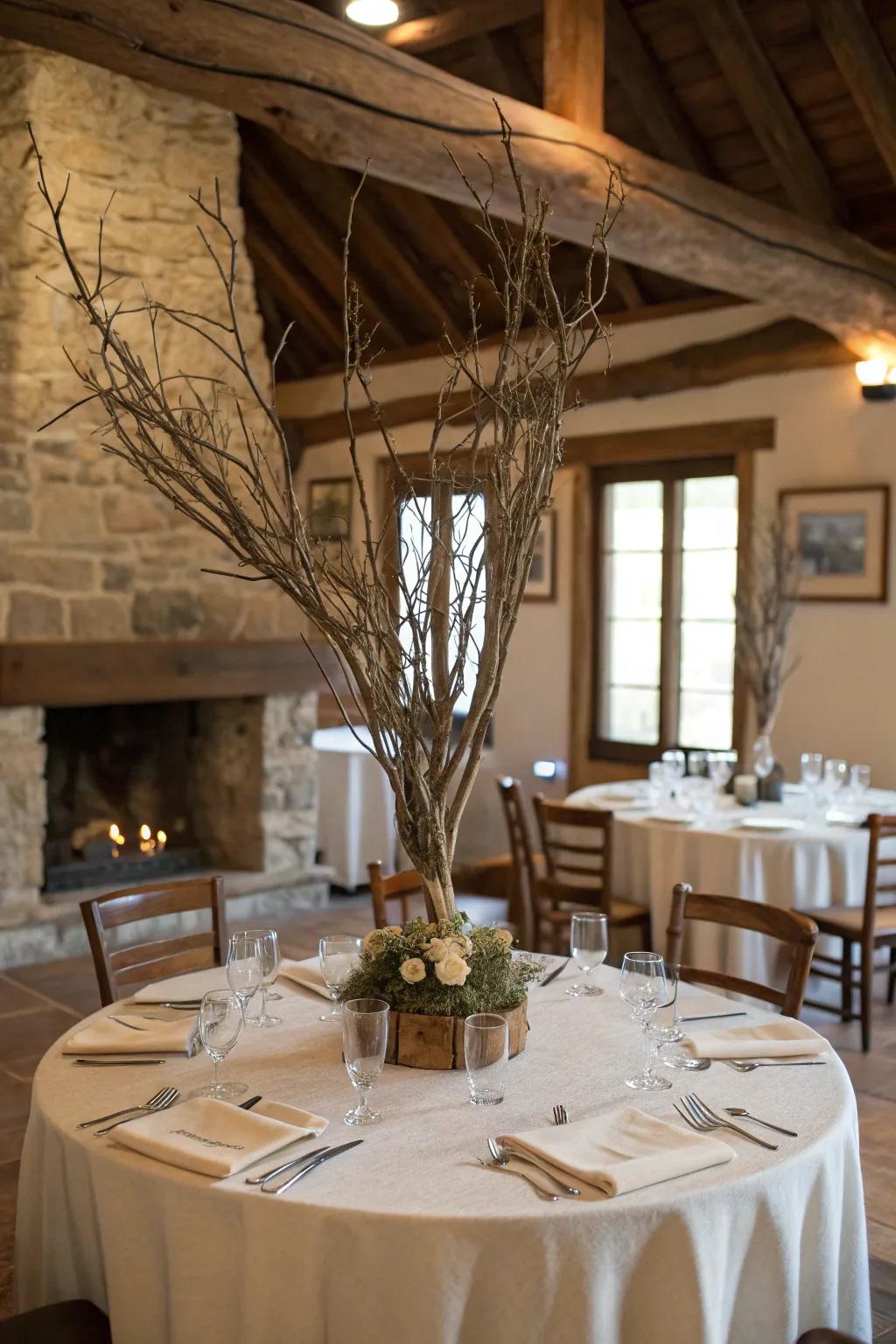 Twigs and slender branches fashion a natural and homespun centerpiece.