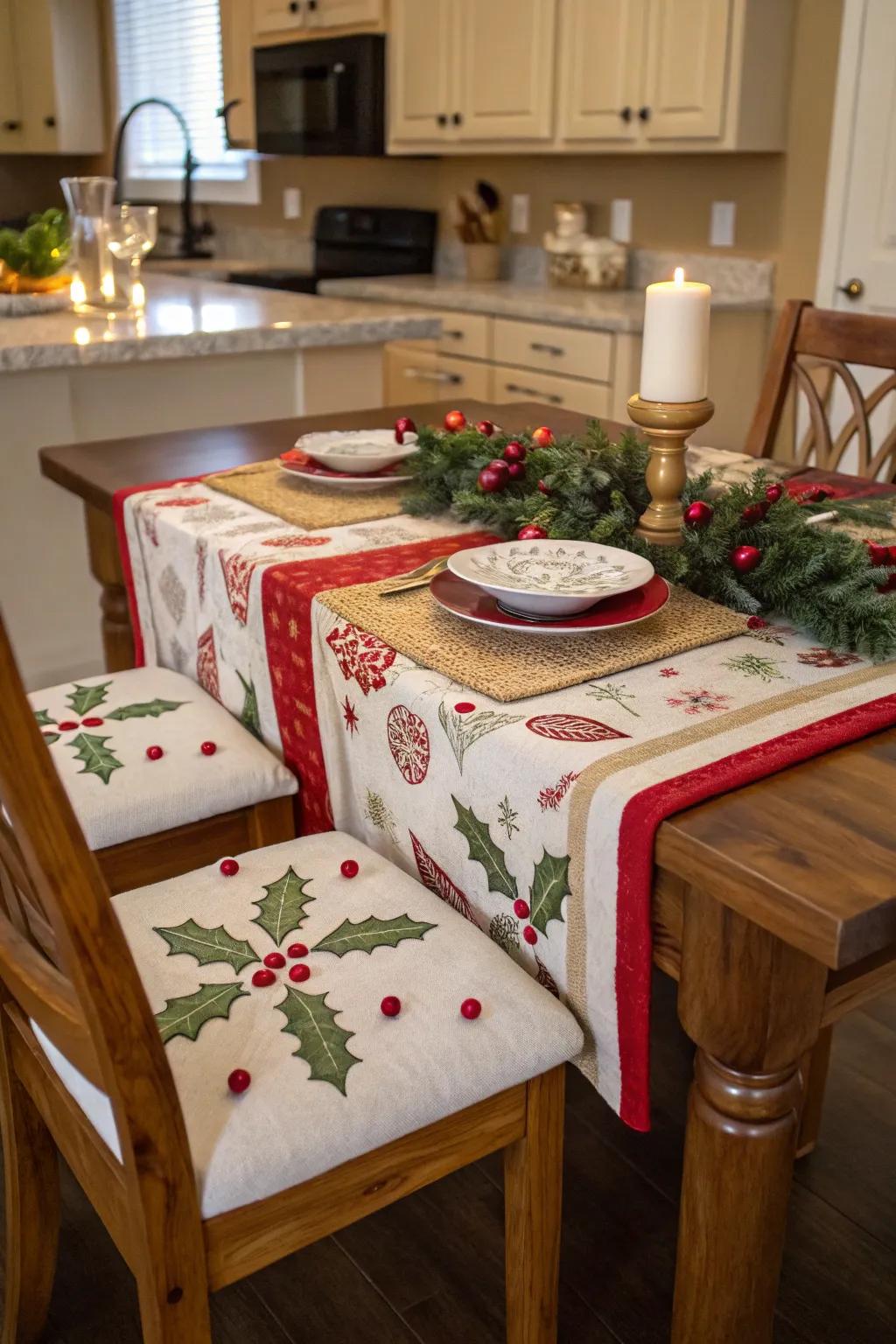 Celebratory textile designs add warmth and charm to the cooking area.