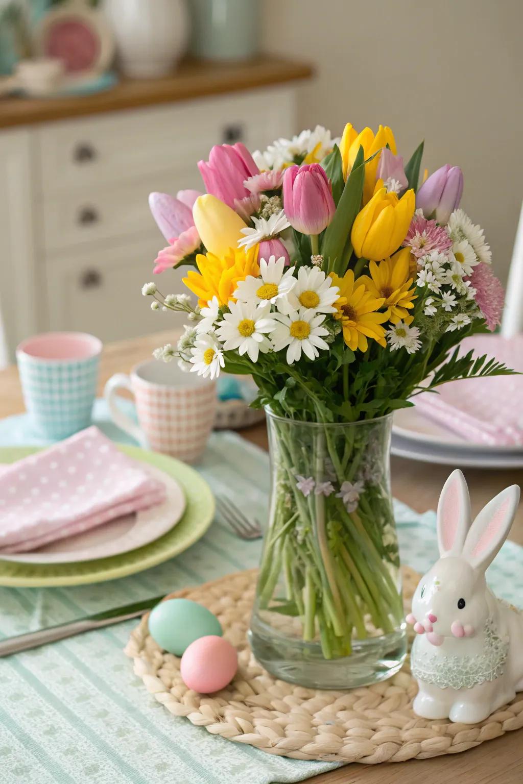 Tulips and daisies fashion a vibrant floral focus piece.