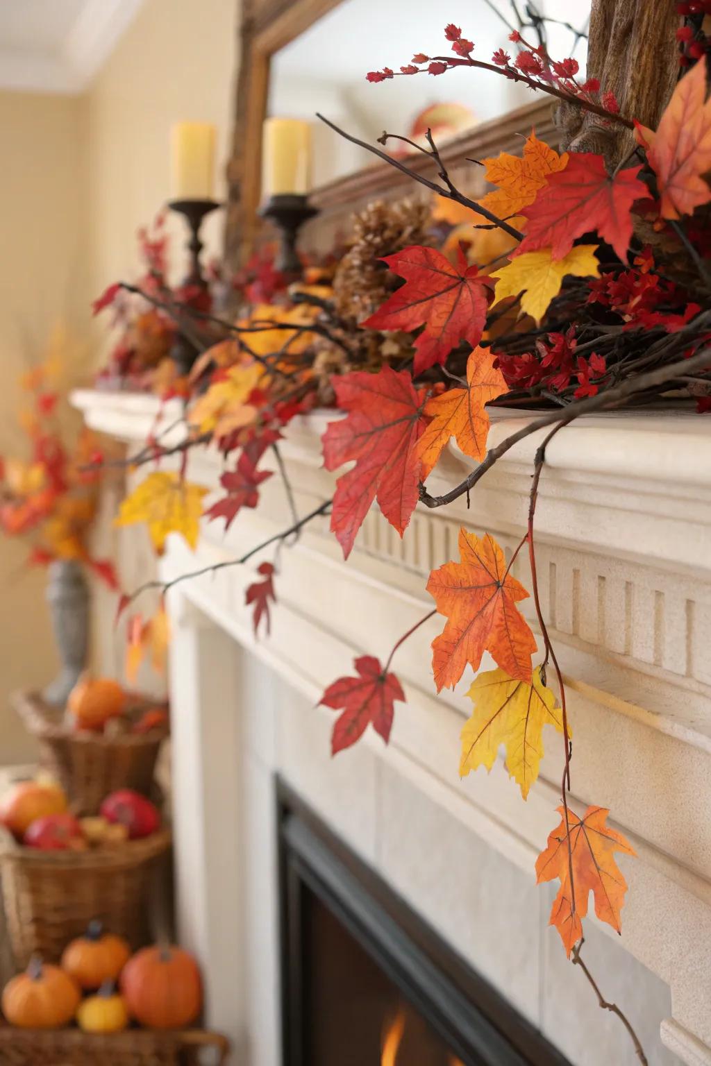 A lively assortment of seasonal leaves enhancing the mantel's color.