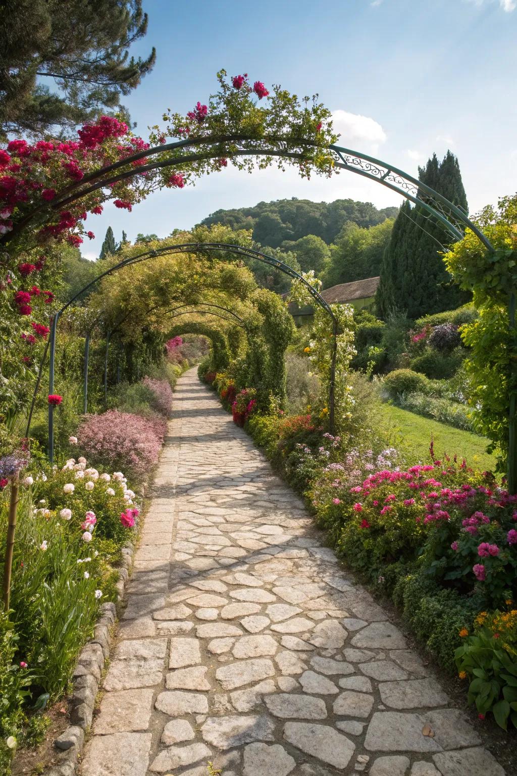 A stone walkway welcoming exploration through a flower-filled garden.