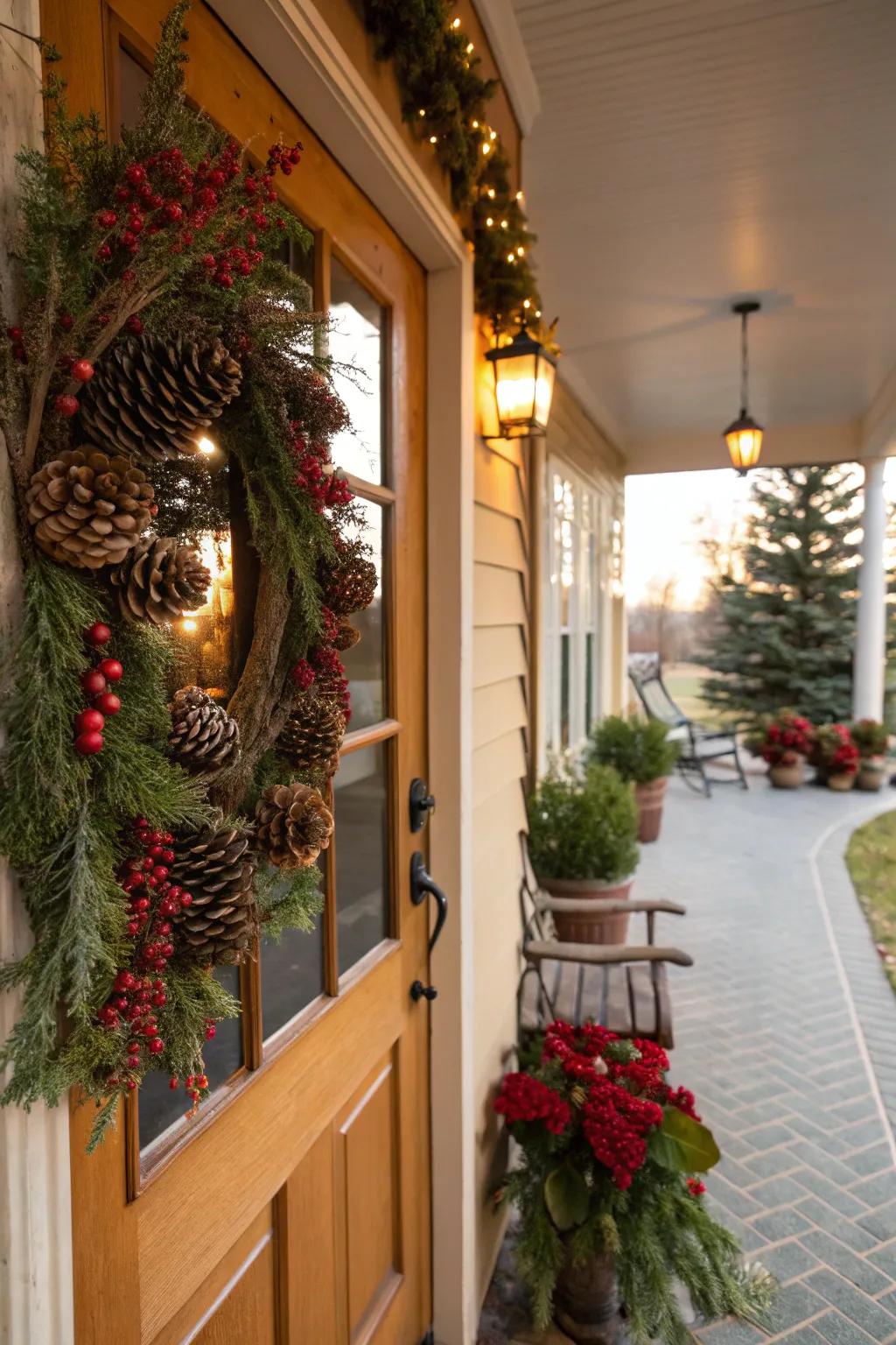 Homespun components like pinecones and berries introduce a dash of nature's allure.