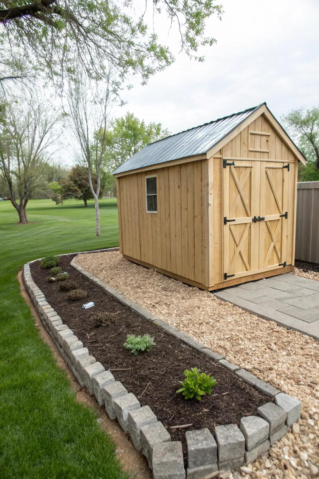 Wood chips or rock fragments deliver a tidy, minimal-maintenance border for your shed.