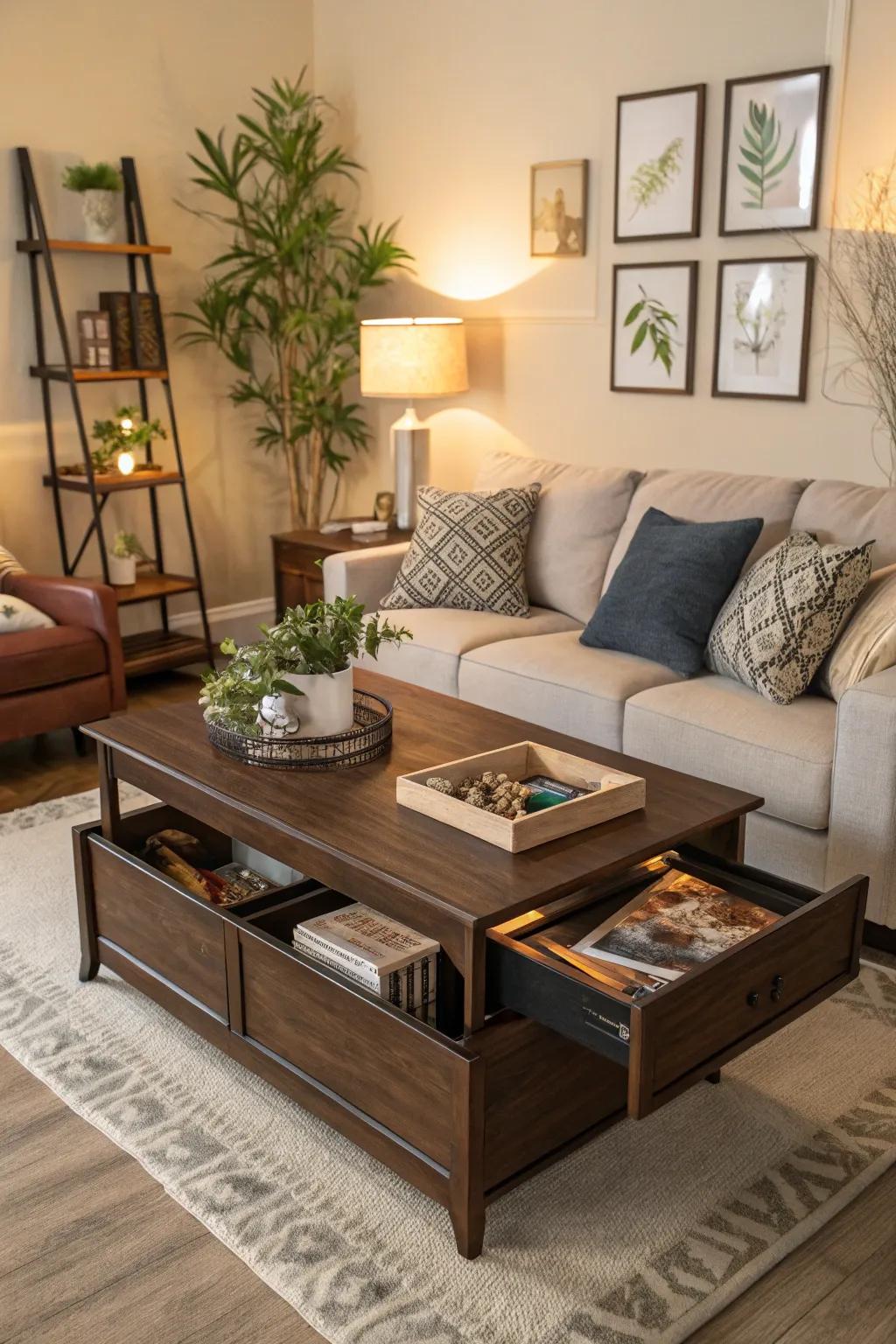 Space and usefulness are maximized by furniture that serves multiple purposes.