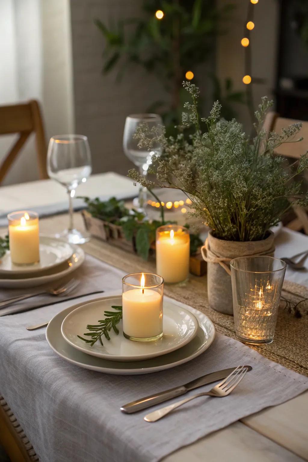 Small votive candles cast a cozy glow across the table.