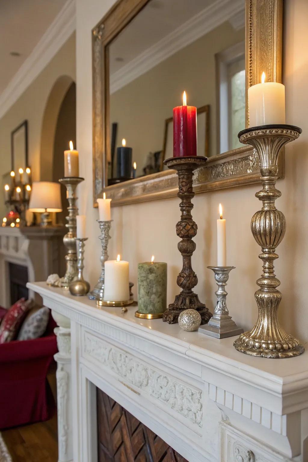 Candles foster an intimate and welcoming ambiance on this fashionable mantel.