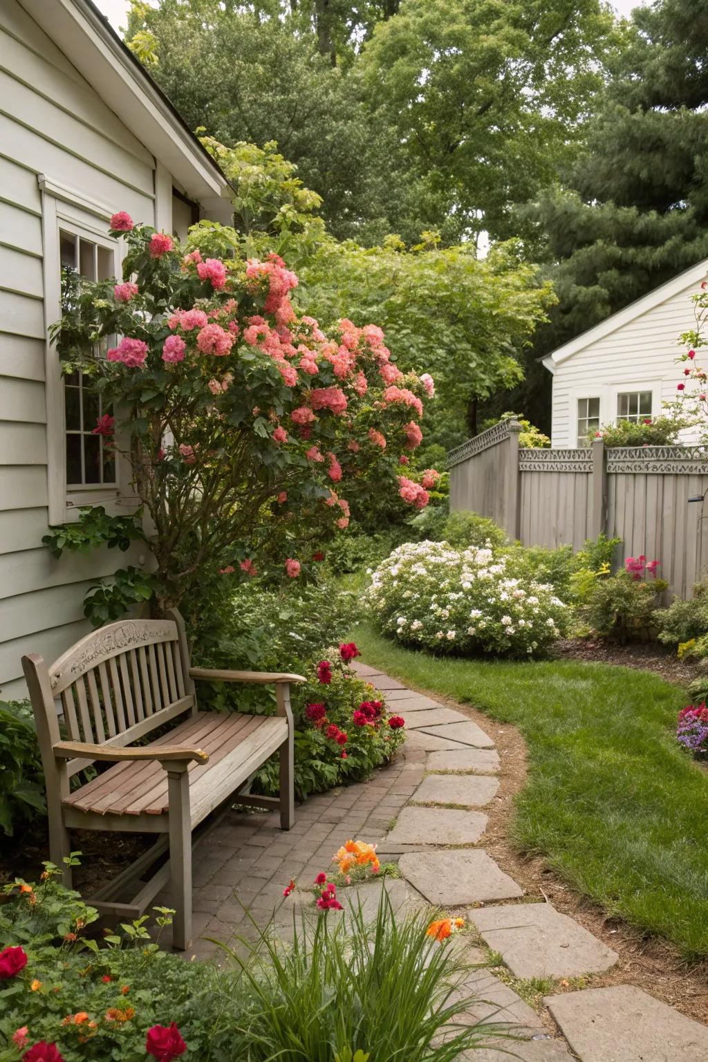 A peaceful seating nook transforms the side yard into your retreat.
