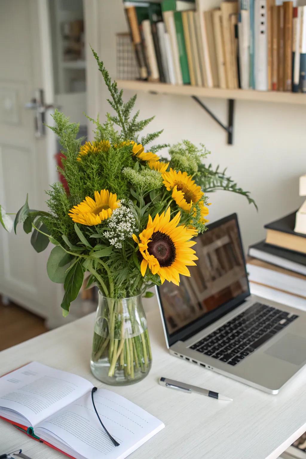 A revitalizing sunflower and greenery design fantastic for a work area.