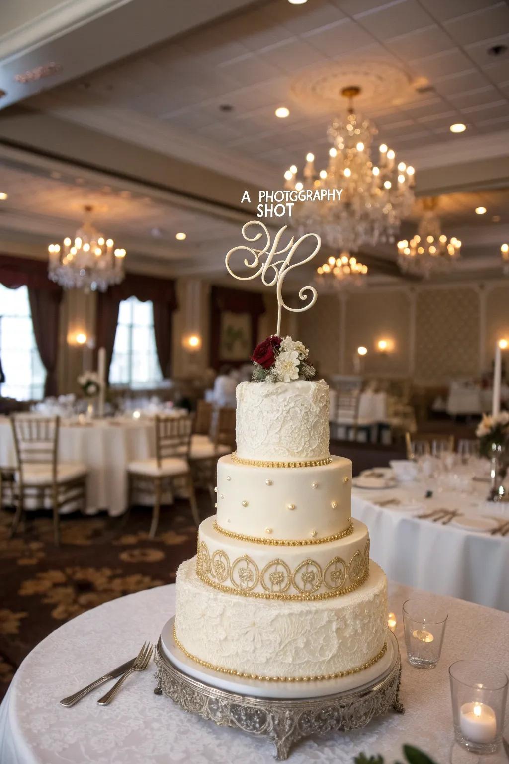 A personalized wedding cake, distinguished by a custom topper.