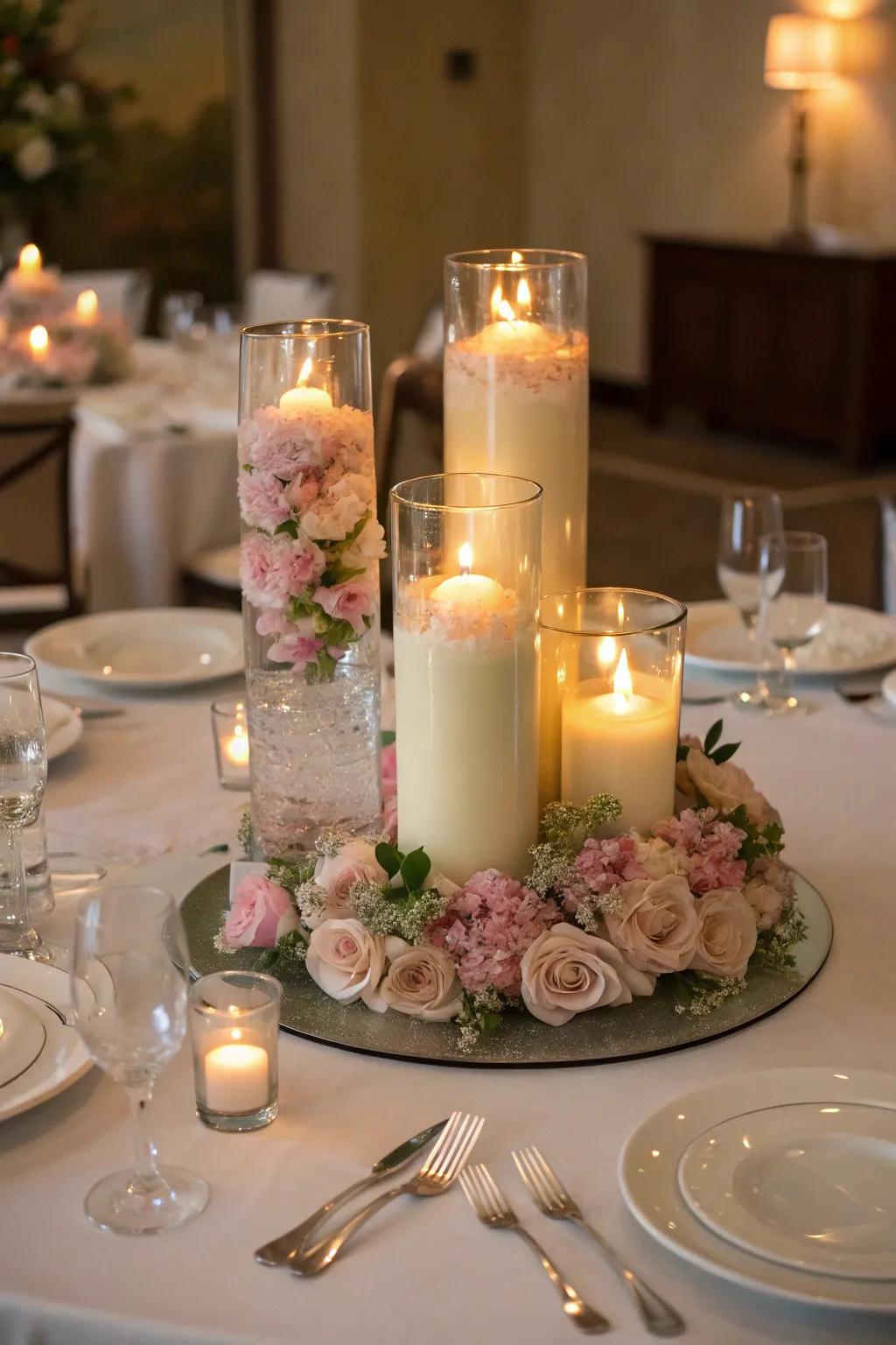 A serene and romantic centerpiece is created by floating candles in glass vases.