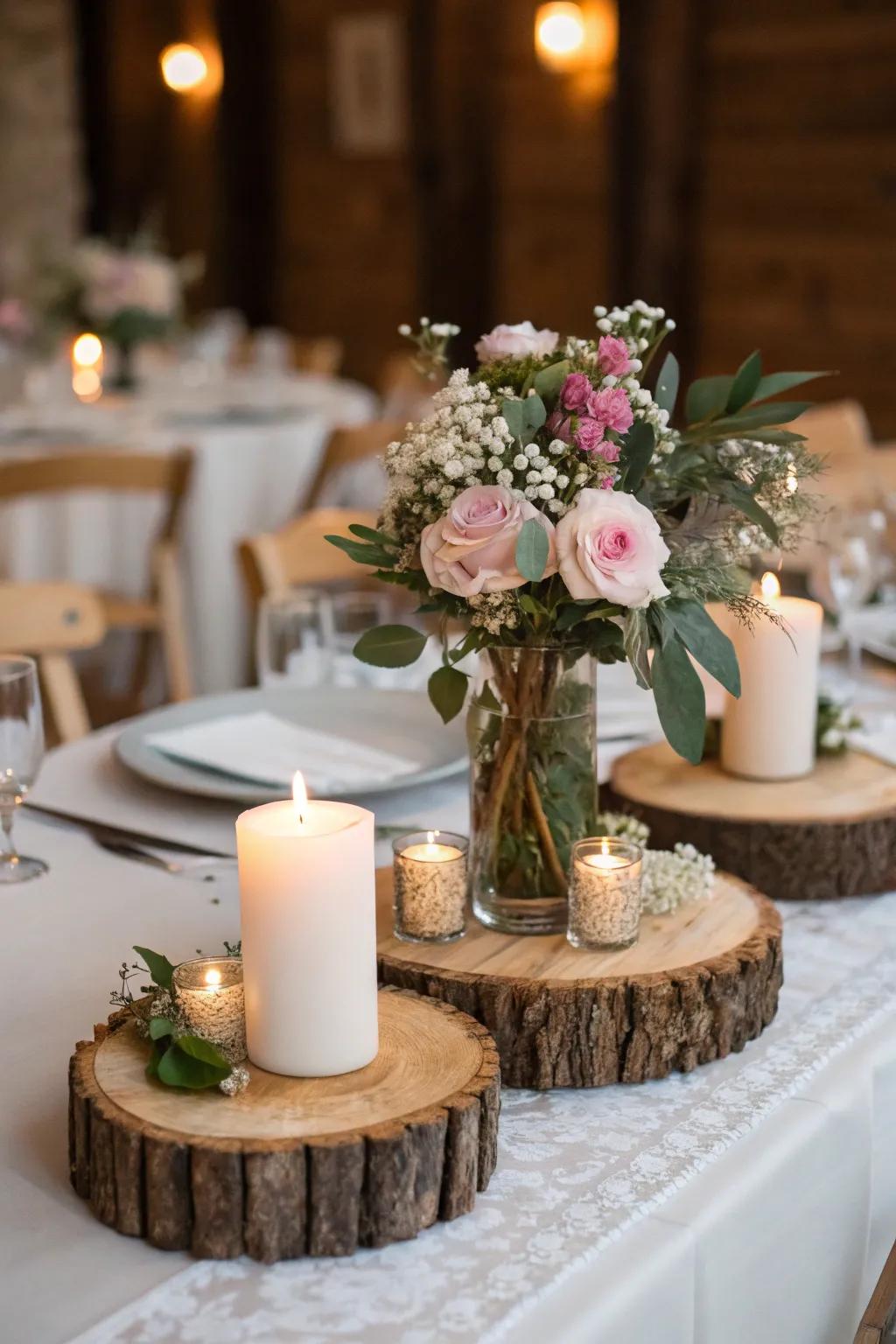 Timber slices contribute country charm to the marriage decorations.