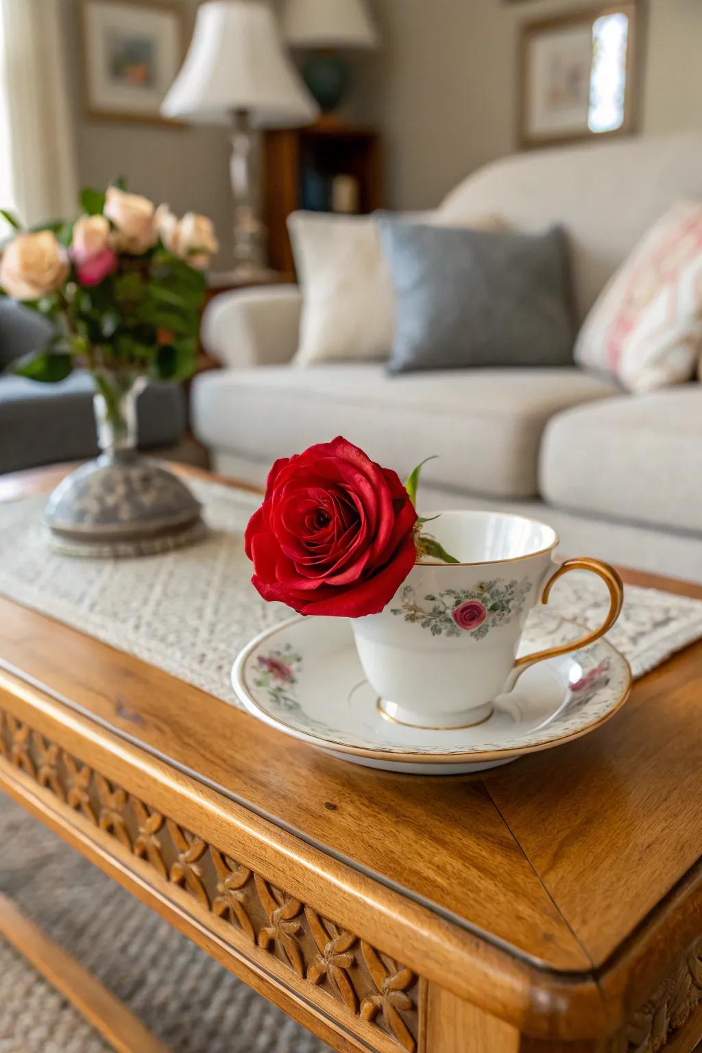 A rose nestled in a tea cup brings an element of charm to your interior design.