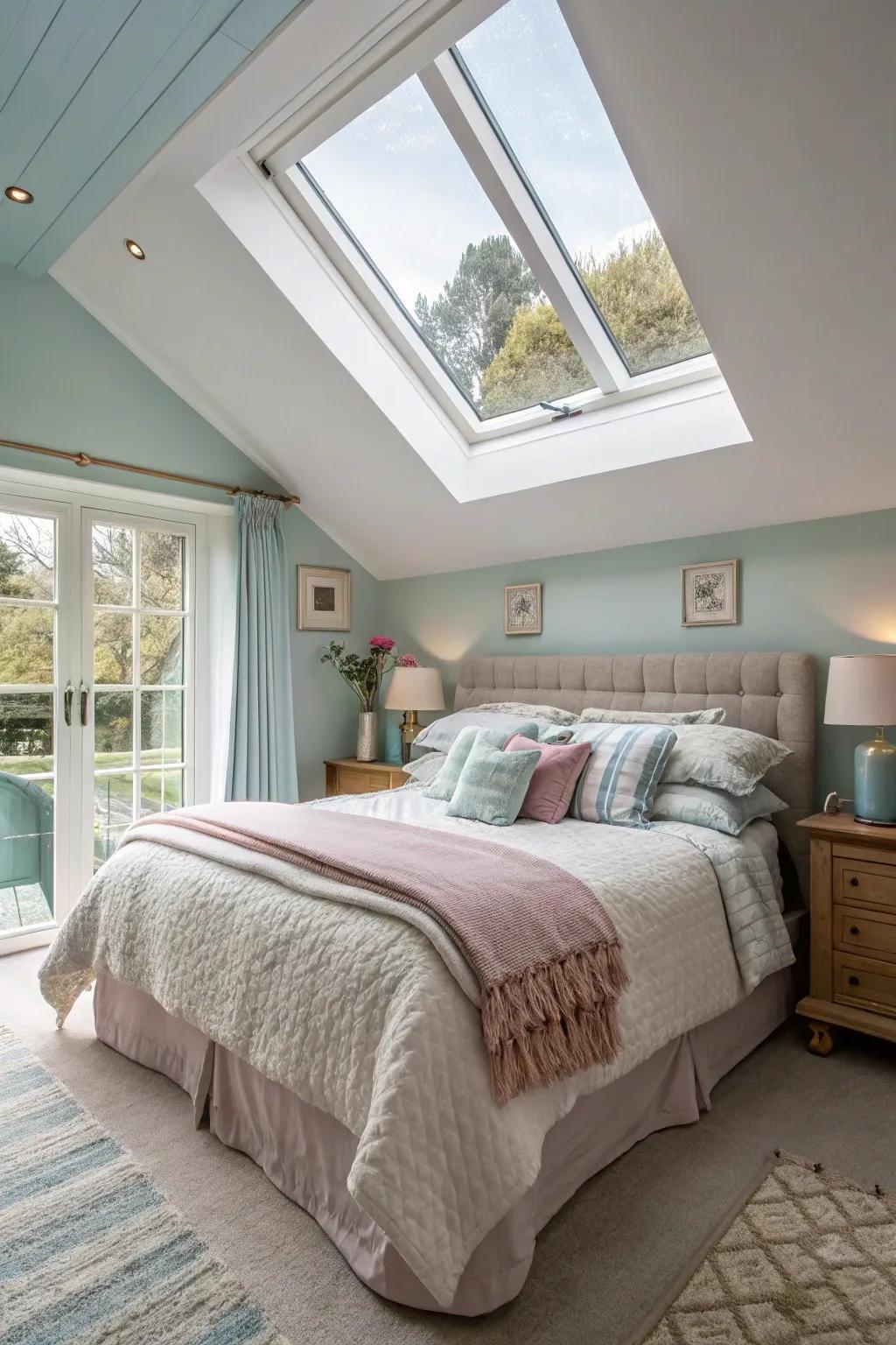 A serene bedroom softly illuminated by a skylight.
