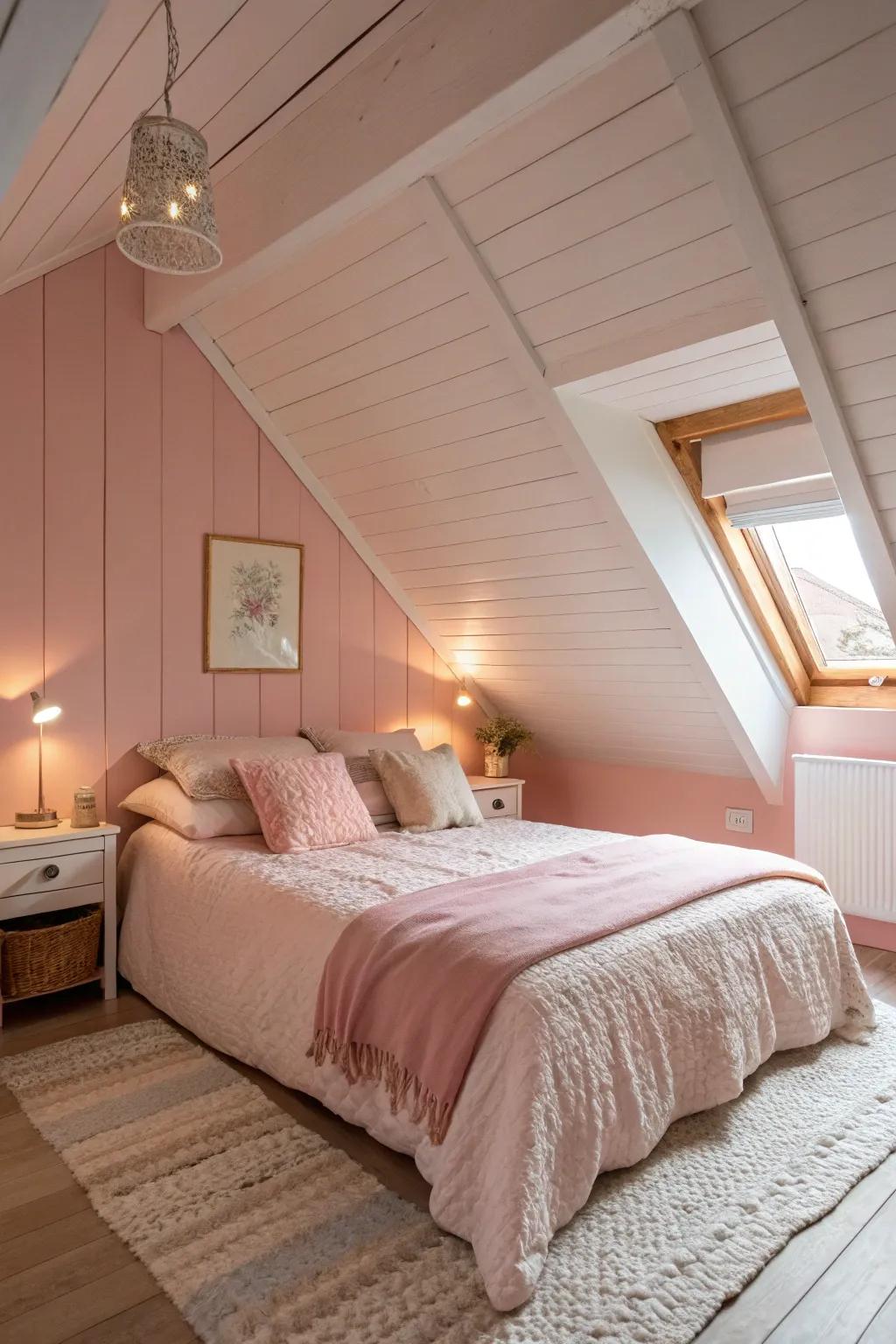 The pastel colors turn this bedroom with its sloping ceiling into a dreamy, peaceful sanctuary.