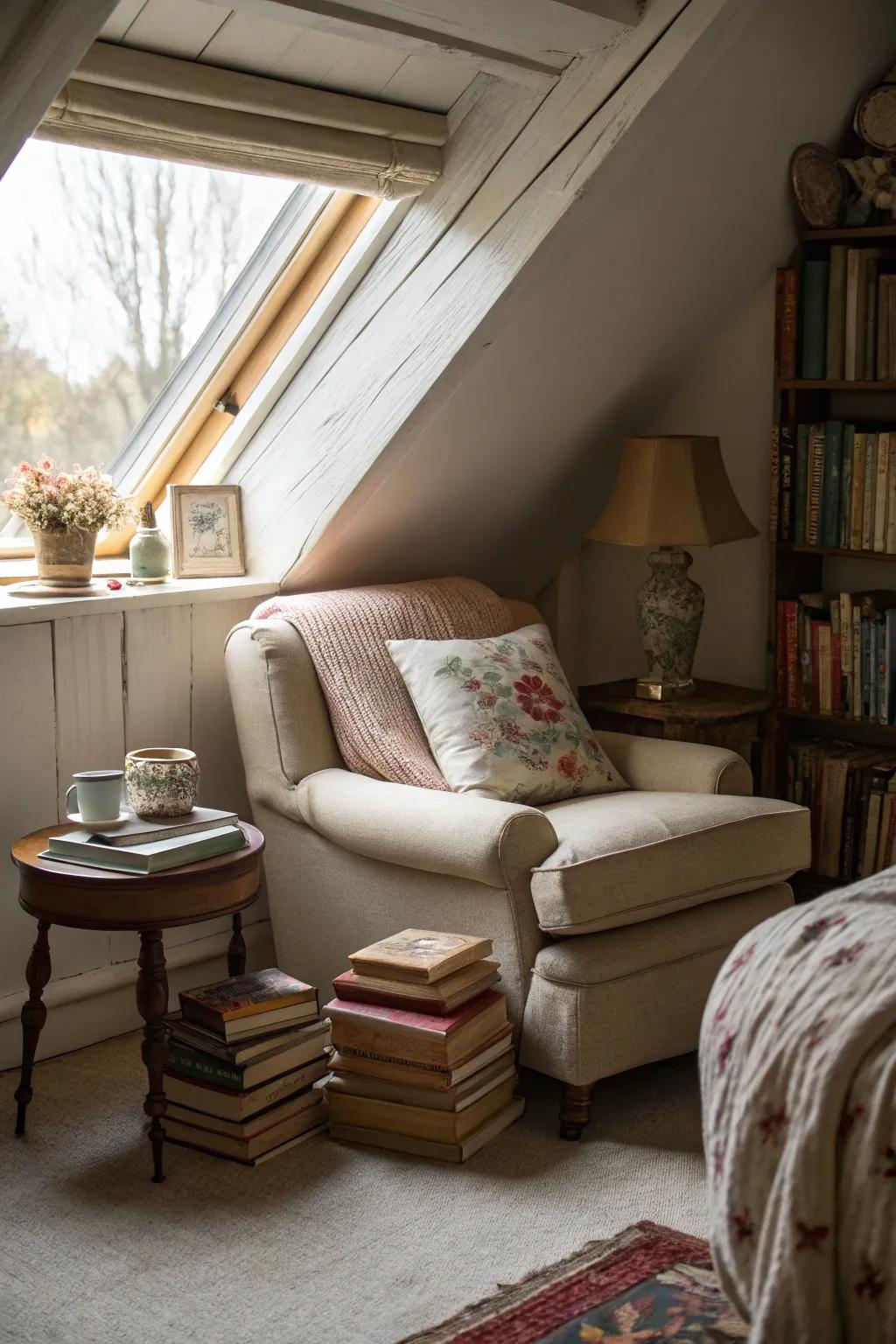 A lovely reading spot in an attic bedroom corner.