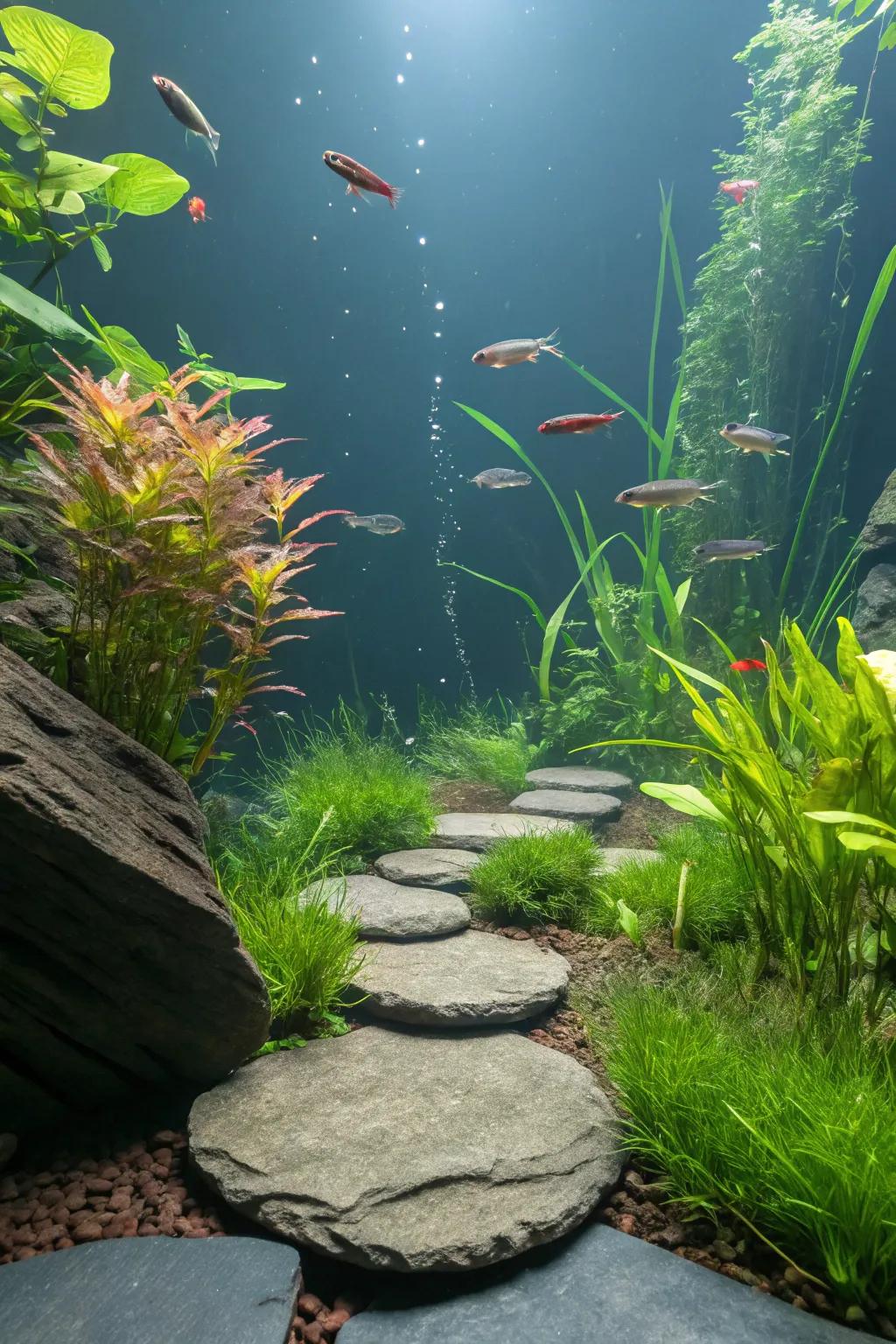 Suspended slate platforms composing a distinctive aquascape.