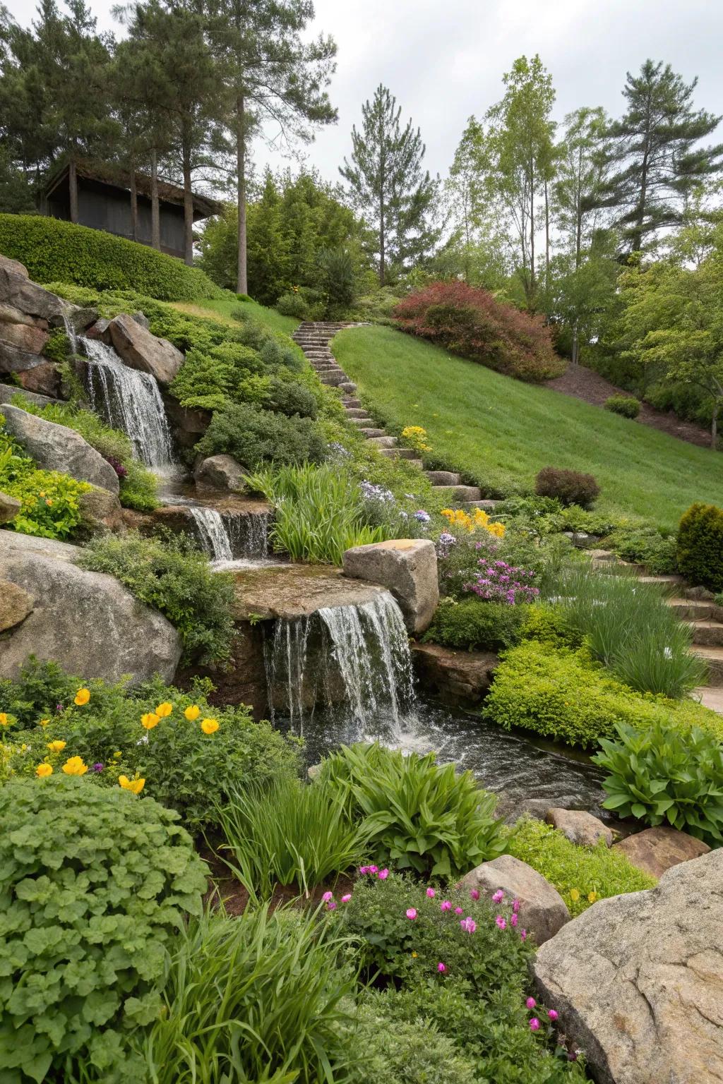 A serene cascade elegantly complements this sloped garden.