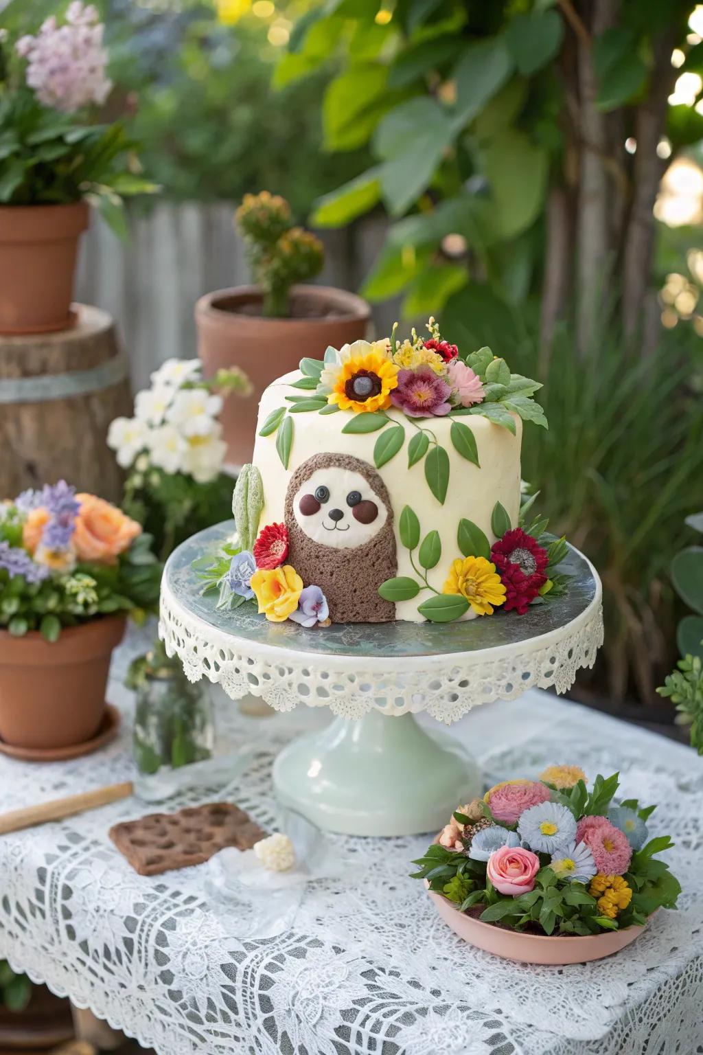 Botanical highlights elevate this sloth cake.