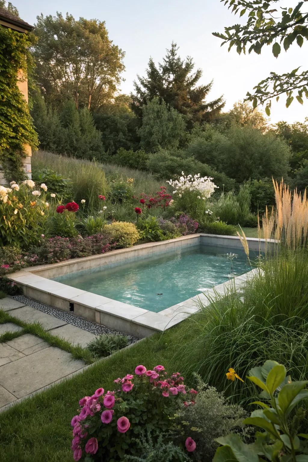 A serene above-ground pool nestled within a lush, green sanctuary.