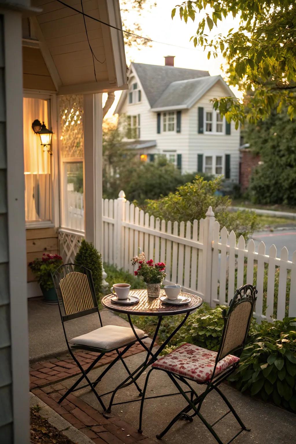 A small bistro set transforms a compact back porch for dining.