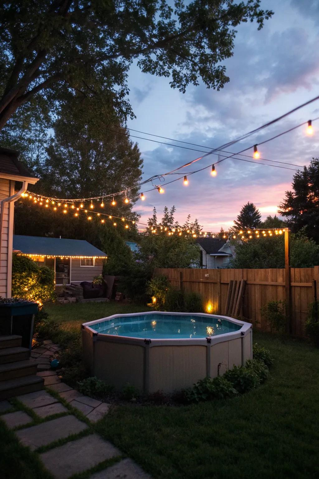 Twinkling string lights casting a cozy glow over an above-ground pool, ideal for nighttime enjoyment.