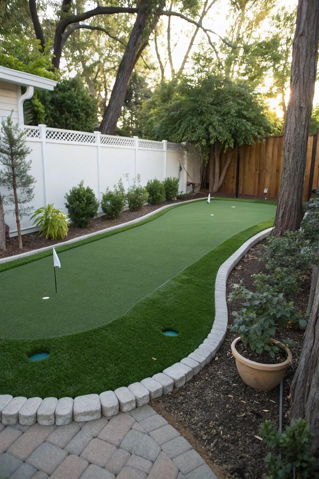 A compact putting green showcasing vibrant, low-maintenance artificial turf.