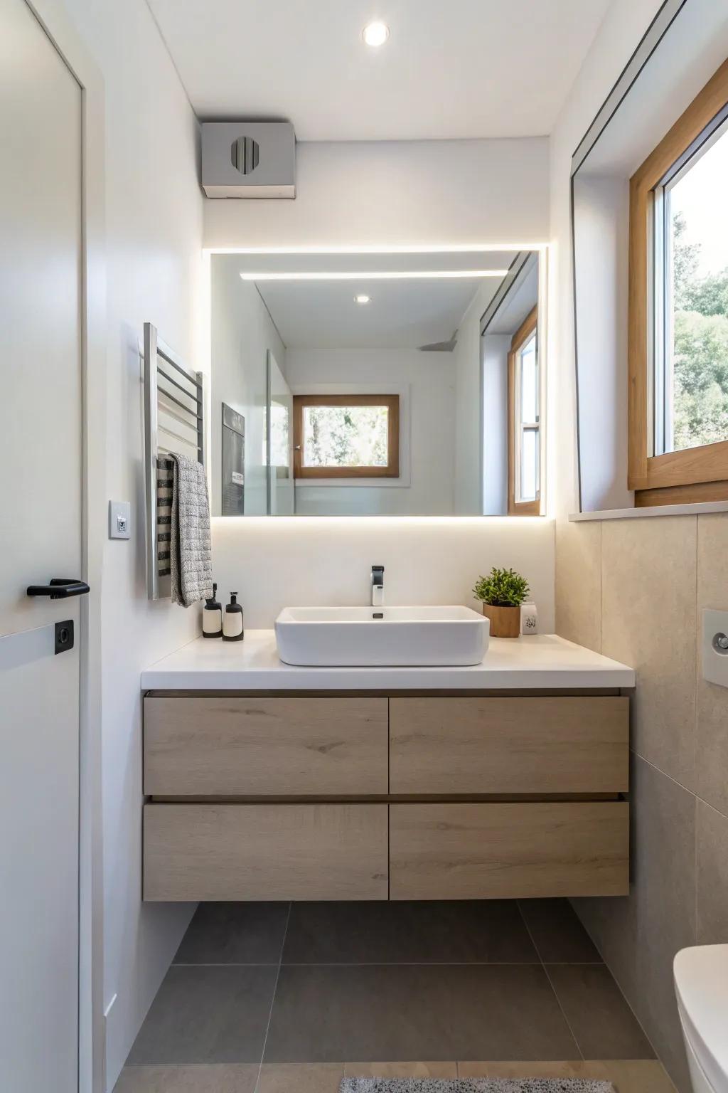 A floating vanity maximizes space in a small bathroom.