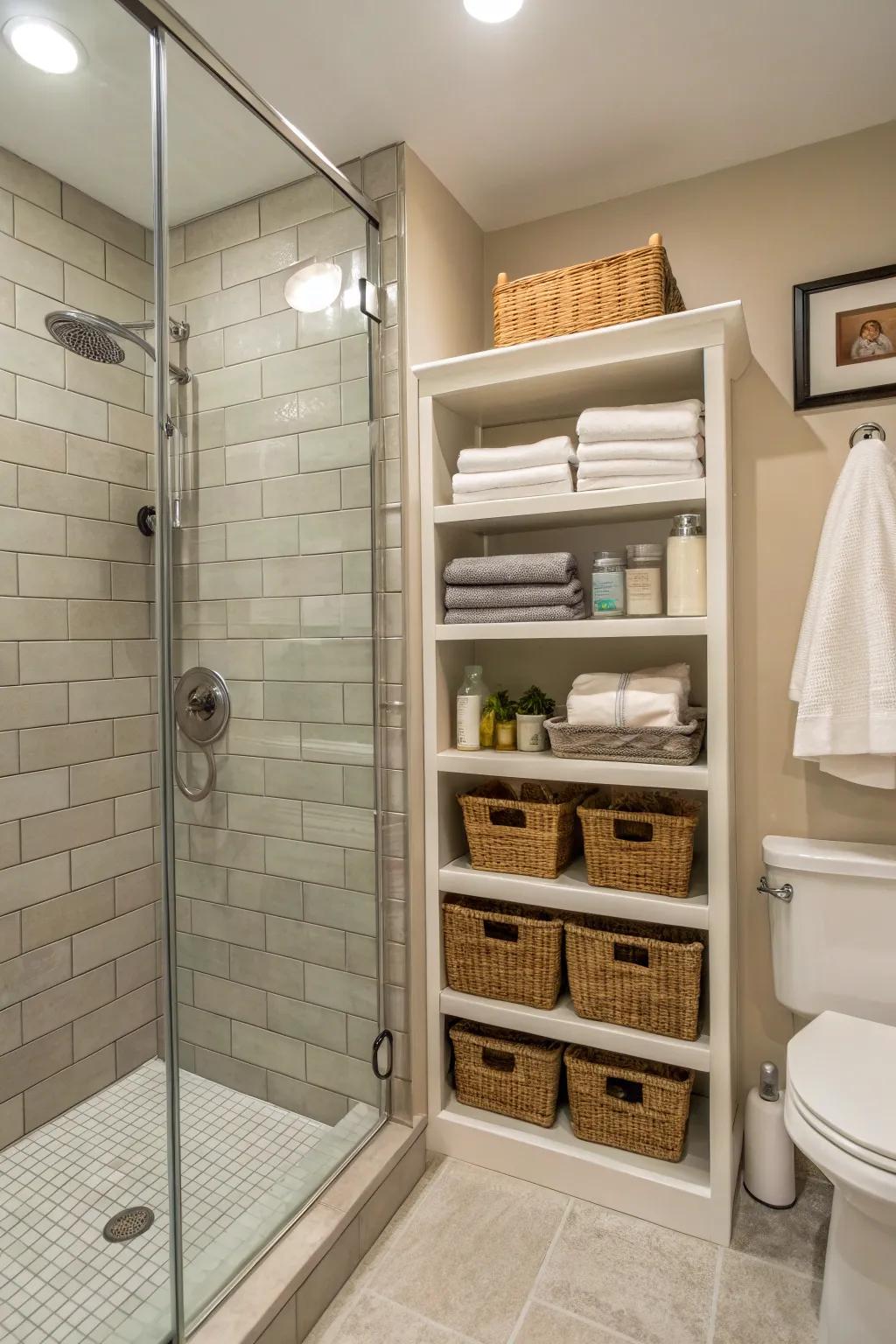 Fitted shelves offer useful storage solutions in small showers.