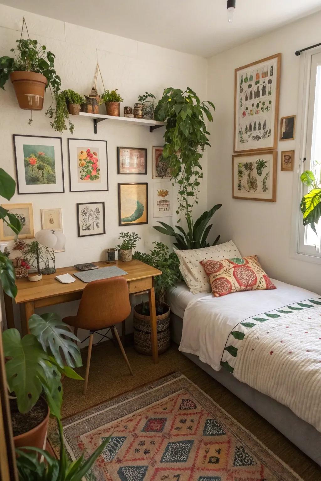 A small bedroom enhanced with plants and artwork to add character.