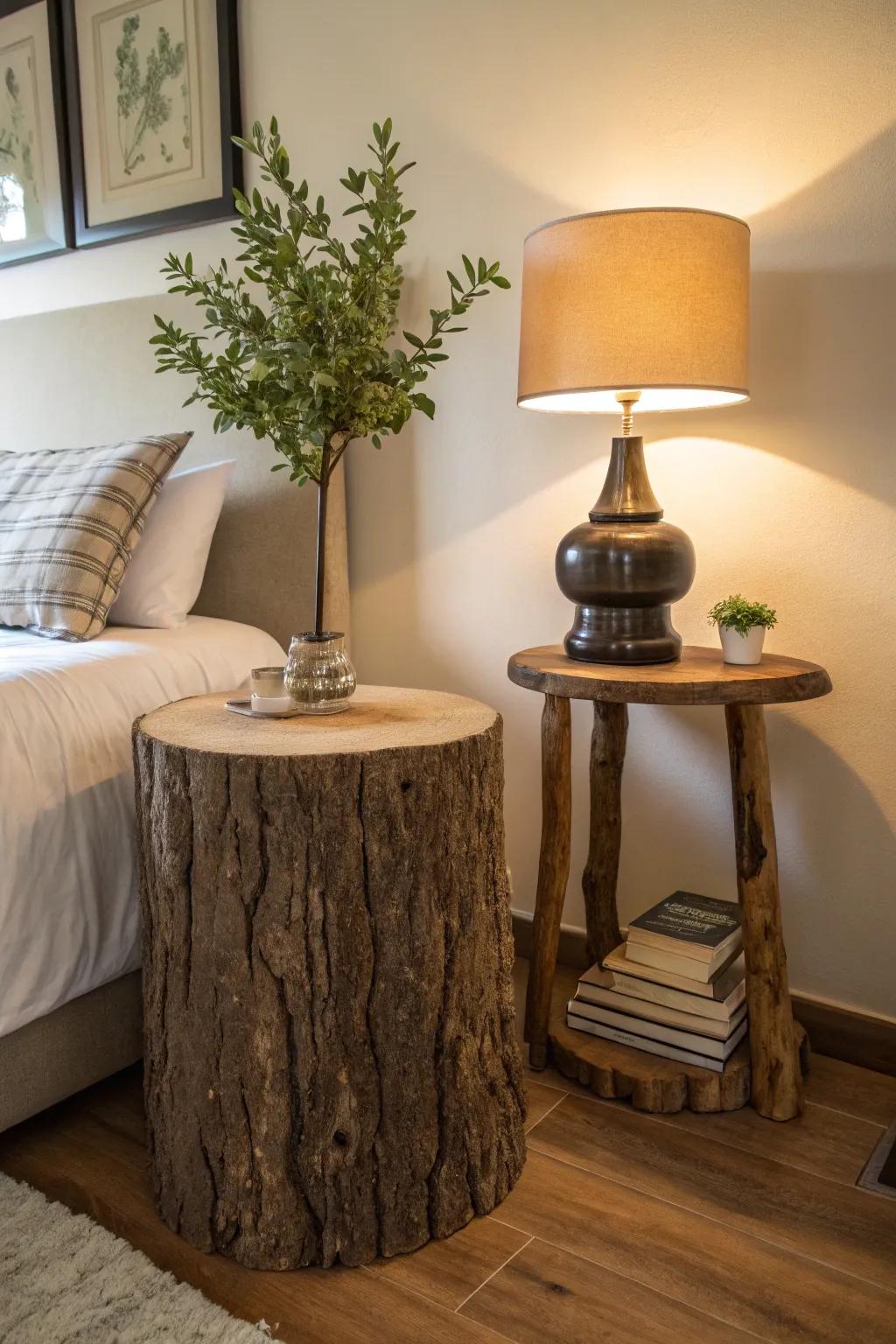A tree stump introduces natural charm as a bedside table.