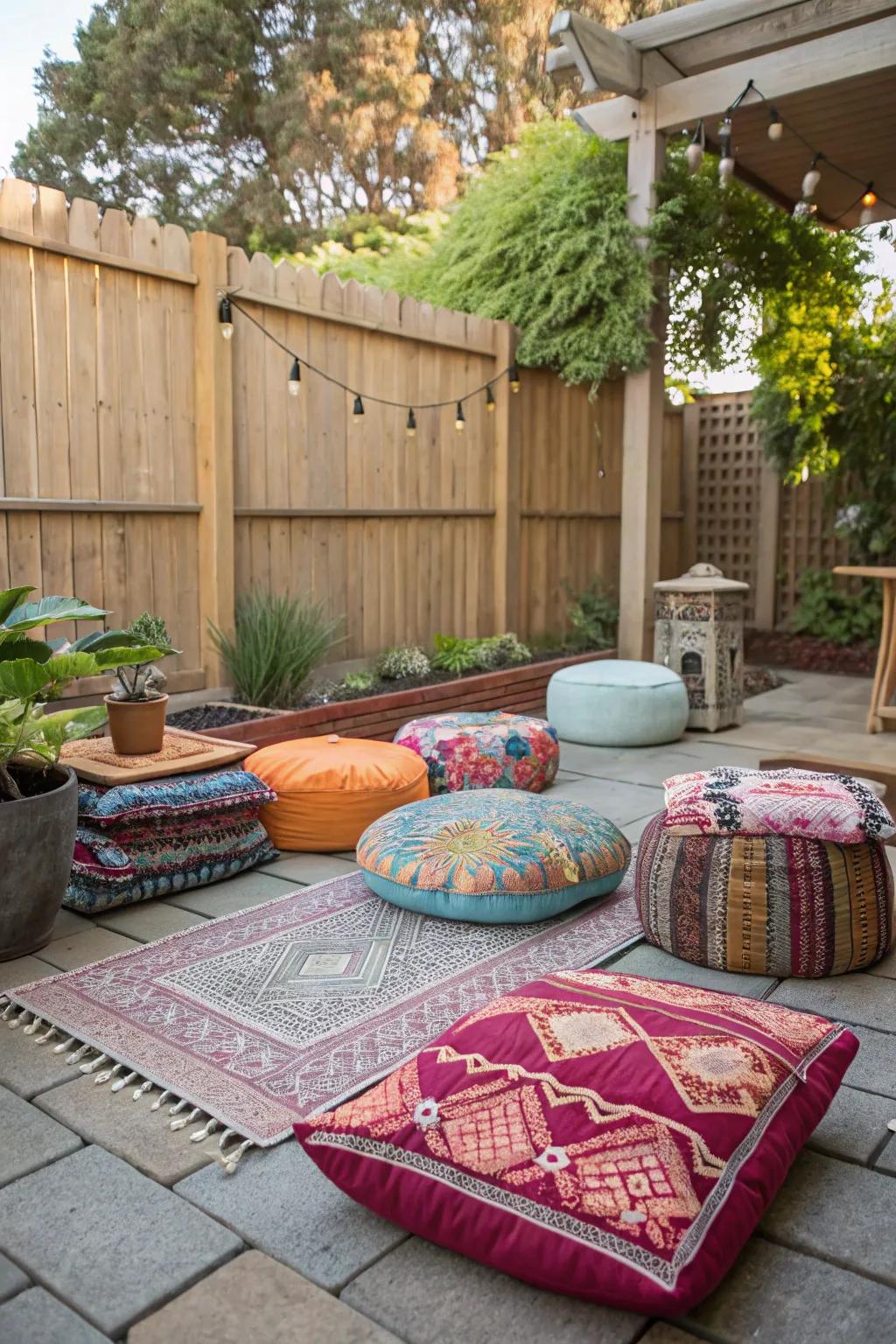 Floor seating with padded mats and ottomans offers a relaxed vibe.