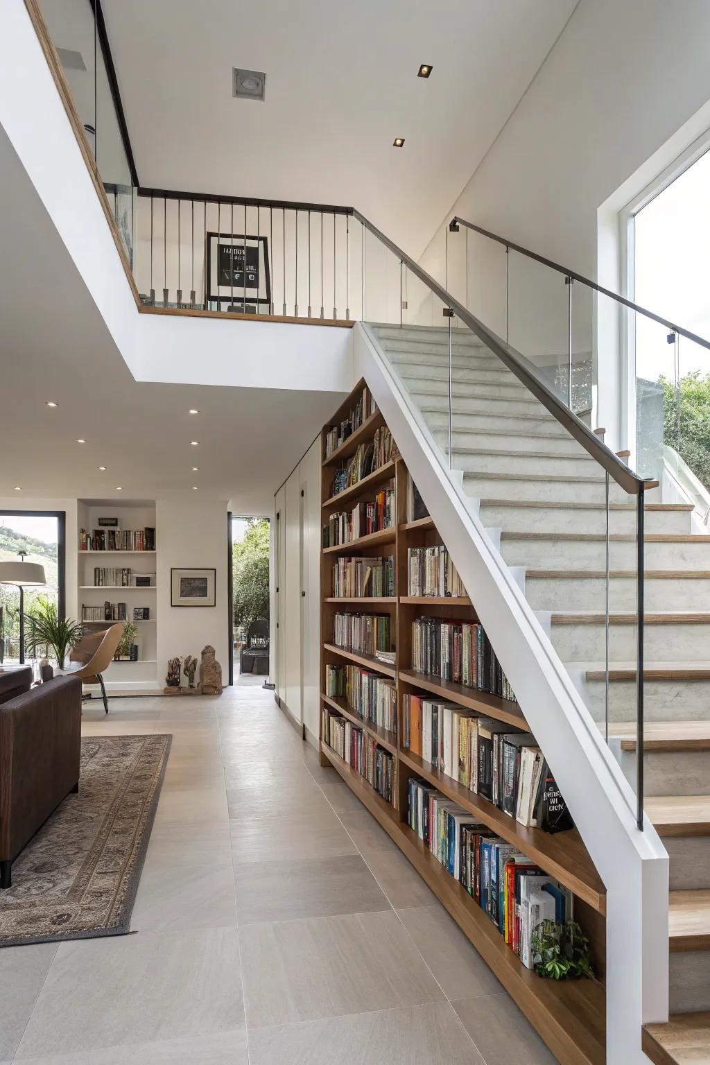 Mini-libraries beneath staircases intelligently leverage space.