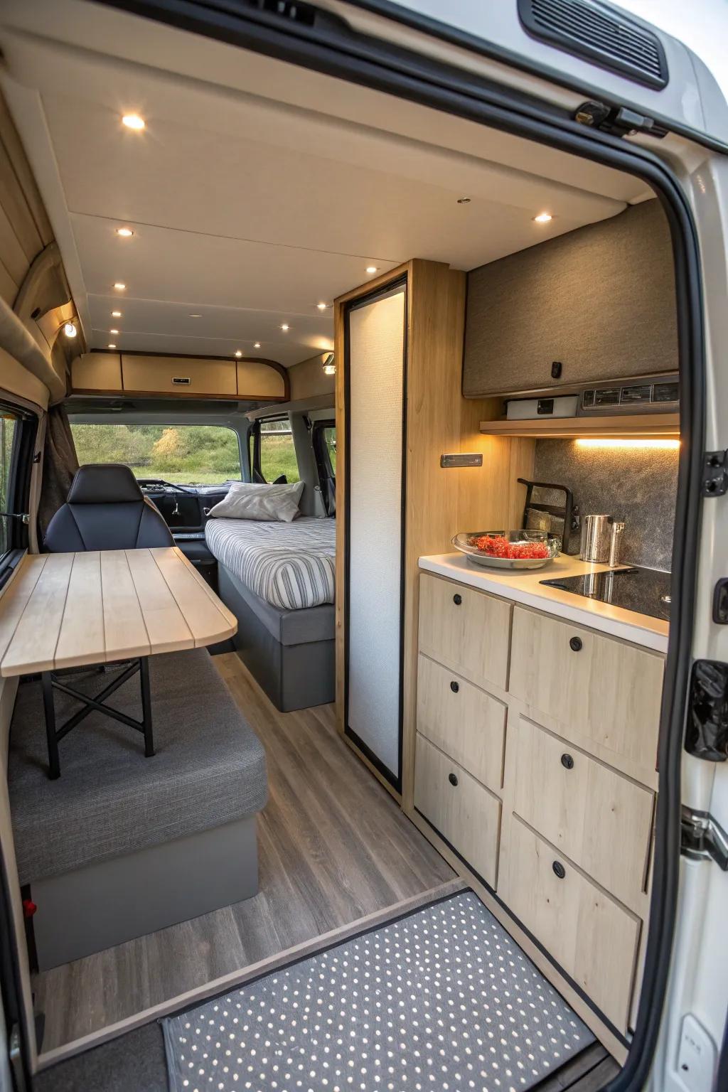 Segmented zones in a camper create a sense of order and privacy.