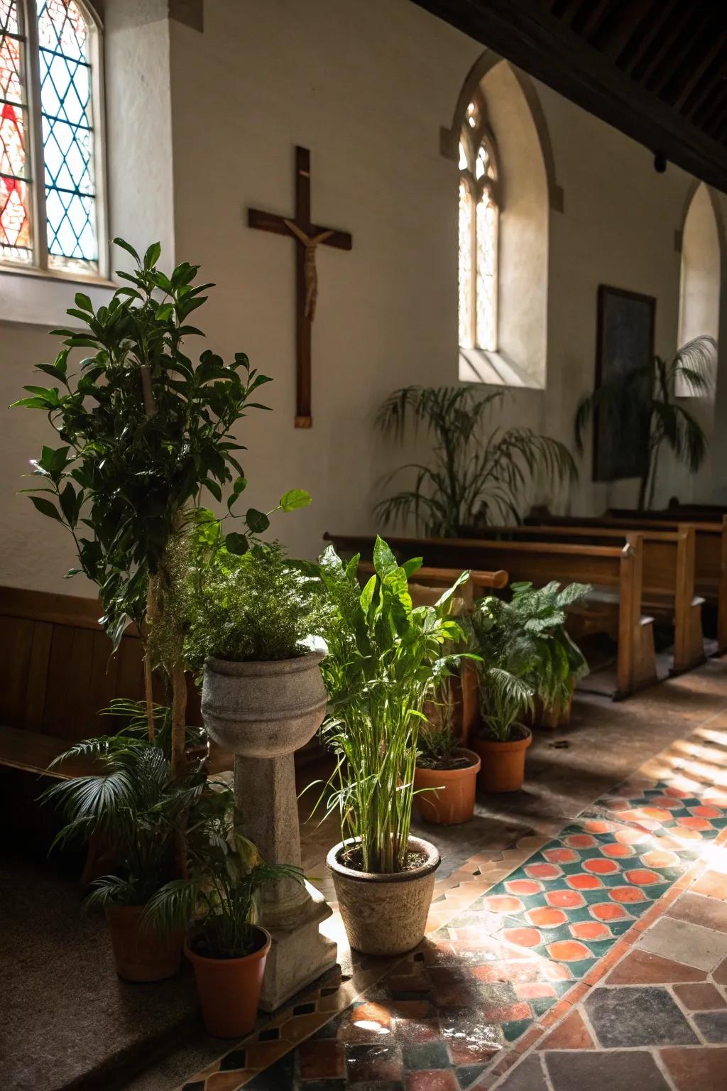 Vibrant vegetation introducing a refreshing element to a church entrance.