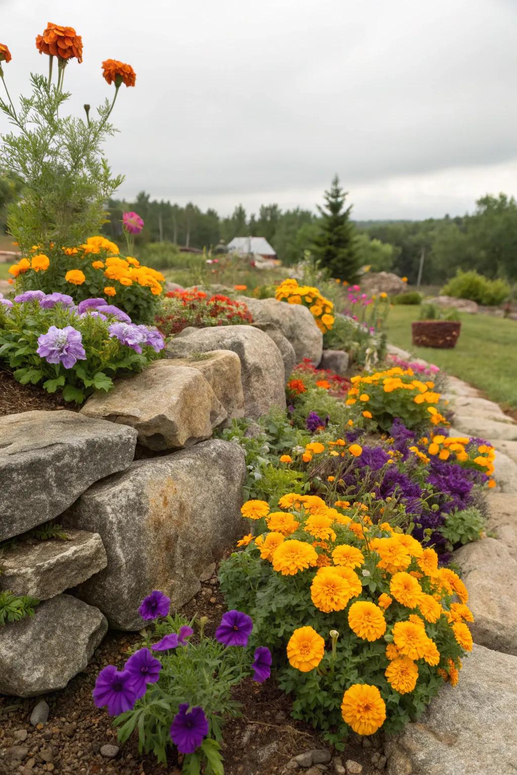A small corner stone garden is brought to life by vibrant flowers.