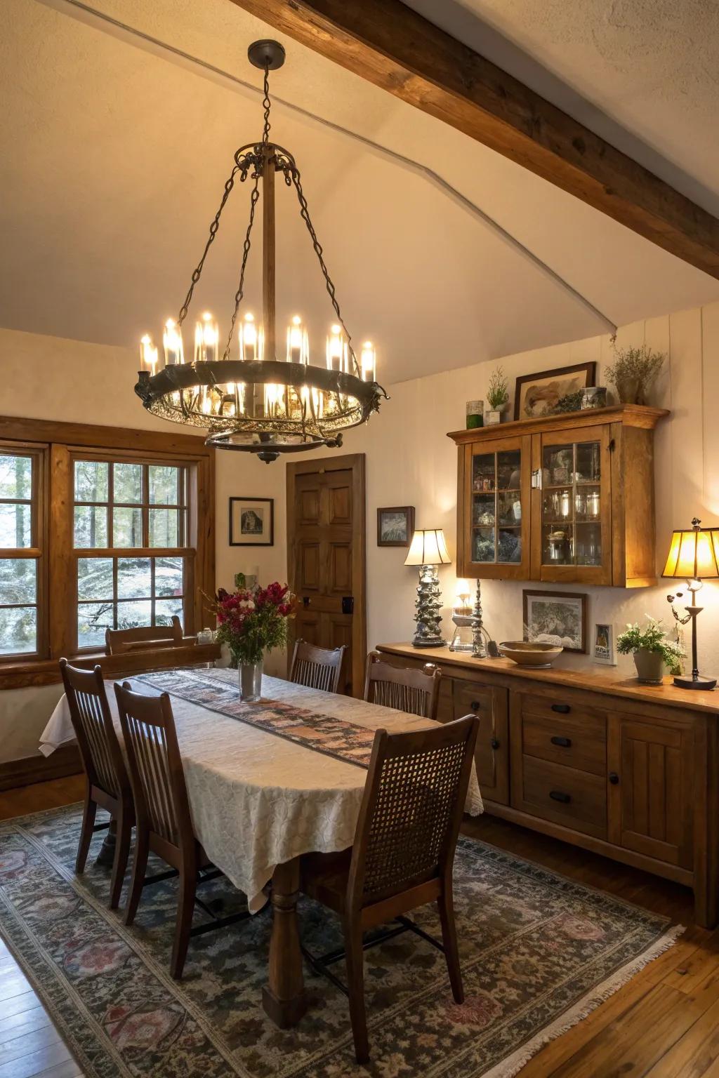 A splendid light fixture elevates the room's ambiance.